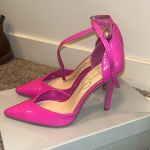 Jessica Simpson Bright Pink Patent Pointed-Toe Ankle-Strap Heels